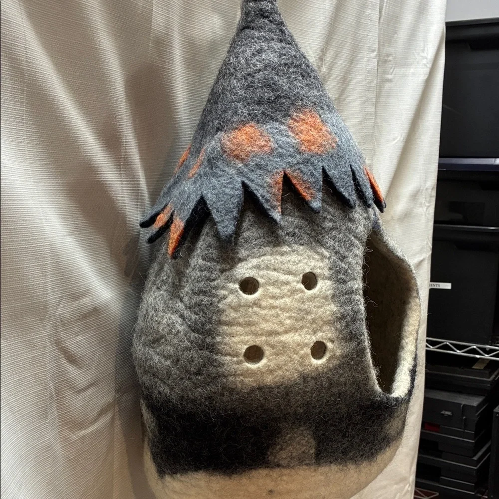 Gray and Orange Felted Cat Cave approximately 28 inches across made in Nepal